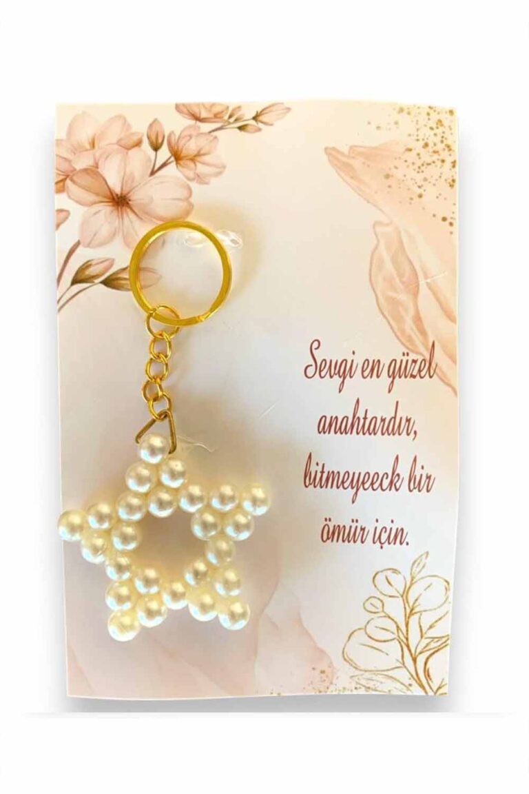 KREM ÇİÇEKLİ İNCİLİ YILDIZ ANAHTARLIK